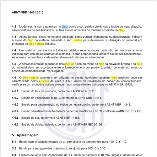 Quais as aparelhagens usadas nos ensaios de óleo vegetal isolante?