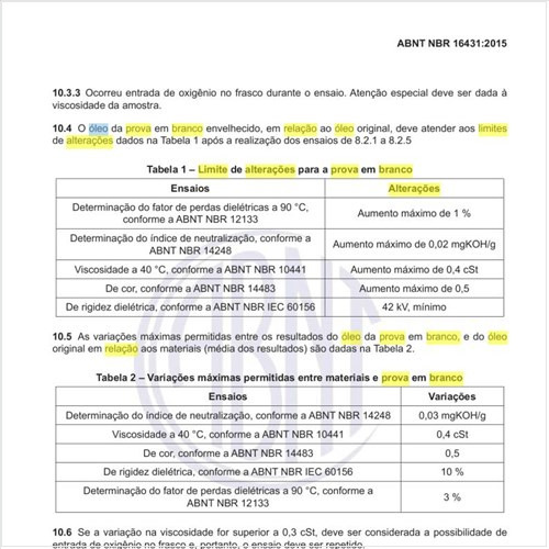 Qual o limite de alterações para a prova em branco em relação ao óleo original?