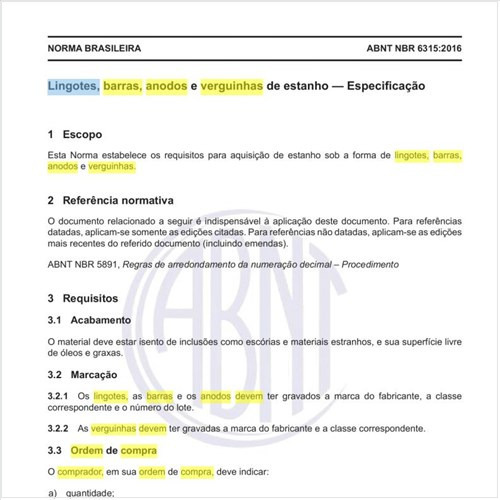 O que devem constar na ordem de compra dos lingotes, barras, anodos e verguinhas de estanho?