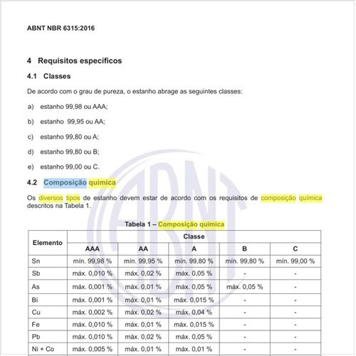 Qual a composição química dos diversos tipos de estanho?