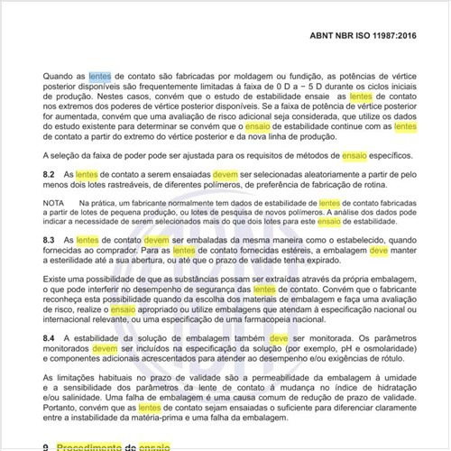 Como deve ser o procedimento de ensaio das lentes de contato?