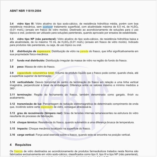 Qual a espessura mínima de parede em função da capacidade volumétrica total dos frascos de vidros?