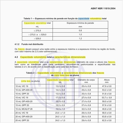 Qual a capacidade volumétrica e características dimensionais dos frascos de vidro de linha leve ou pluma?