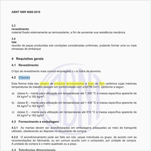 Quais as classes de produtos termoisolantes à base de fibra cerâmica?