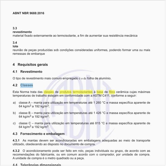 Quais as classes de produtos termoisolantes à base de fibra cerâmica?