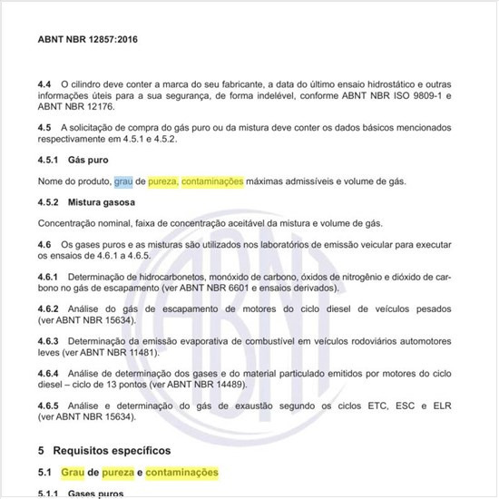 Qual o grau de pureza e contaminações do ar sintético?