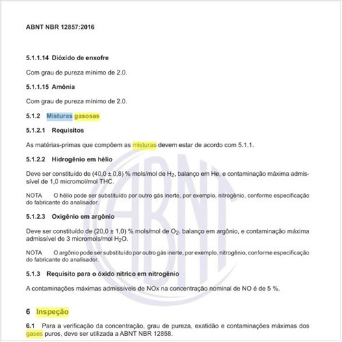 O que é recomendado para a inspeção de gases e misturas gasosas para utilização em laboratório de emissão veicular?