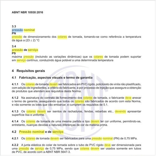 Qual deve ser a pressão nominal e de serviço dos colares de tomada?