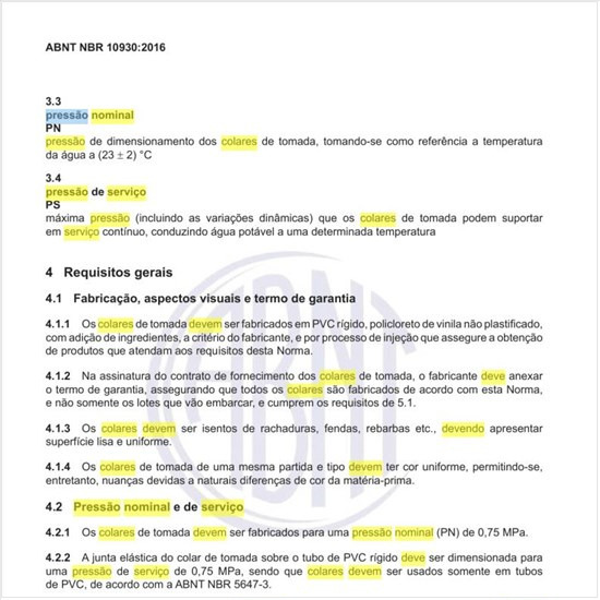 Qual deve ser a pressão nominal e de serviço dos colares de tomada?