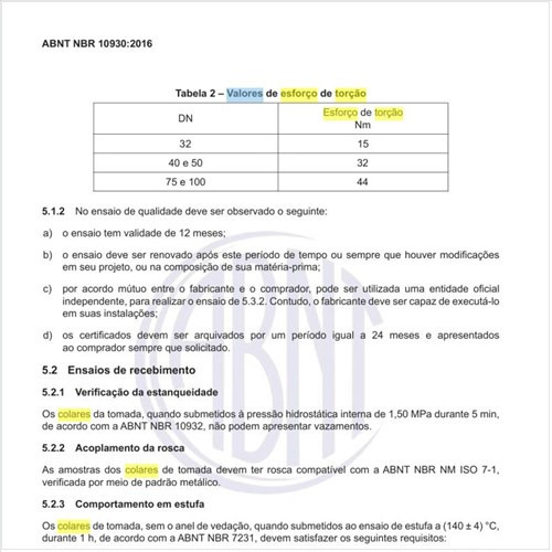 Quais os valores de esforço de torção dos colares de tomada?