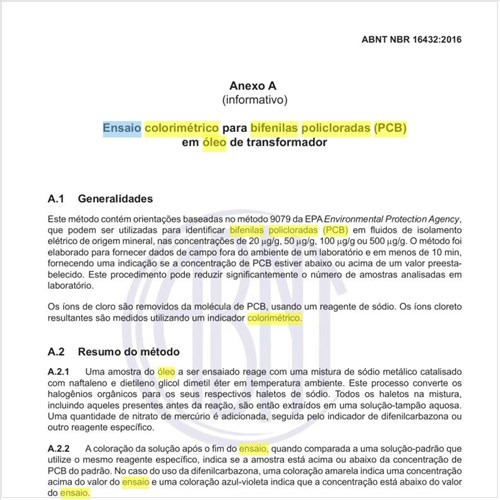 Como deve ser feito o ensaio colorimétrico para bifenilas policloradas (PCB) em óleo de transformador?