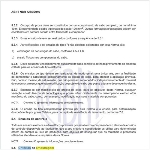 Quais os critérios de amostragem para esses tipos de cabos?
