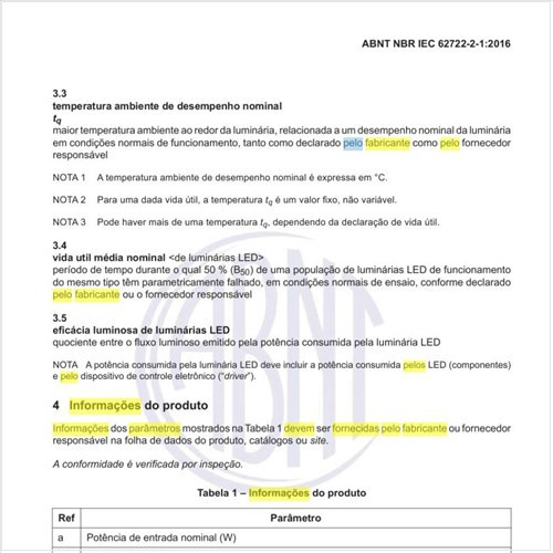 Quais as informações dos parâmetros que devem ser fornecidas pelo fabricante ou fornecedor?