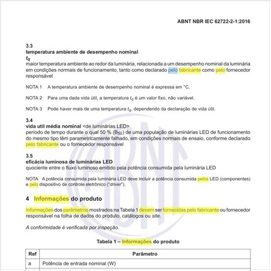 Quais as informações dos parâmetros que devem ser fornecidas pelo fabricante ou fornecedor?