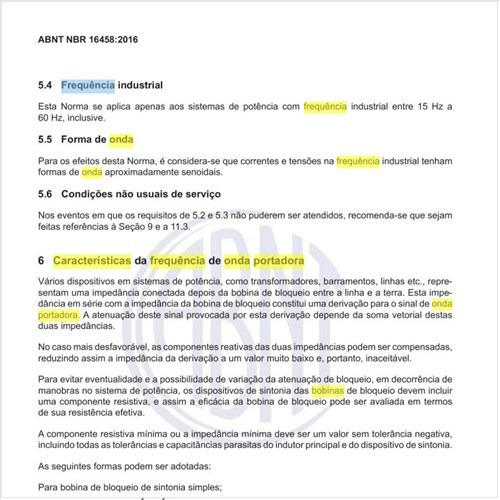 Quais as características da frequência de onda portadora das bobinas de bloqueio?