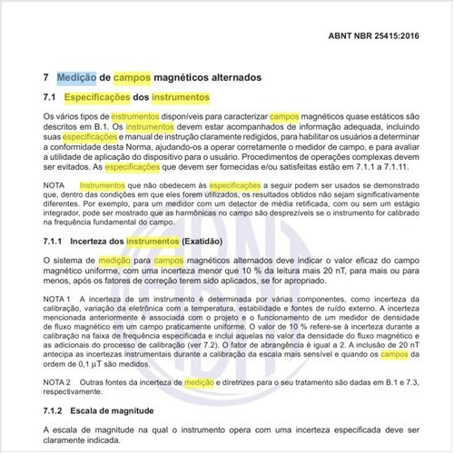 Quais as especificações dos instrumentos para a medição dos campos magnéticos?