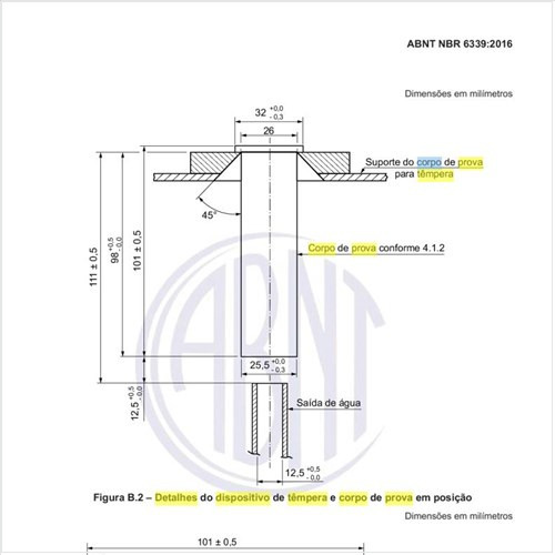 Quais os detalhes do dispositivo de têmpera e corpo de prova em posição?