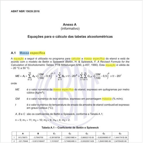Qual é a equação matemática para calcular a massa específica do etanol?