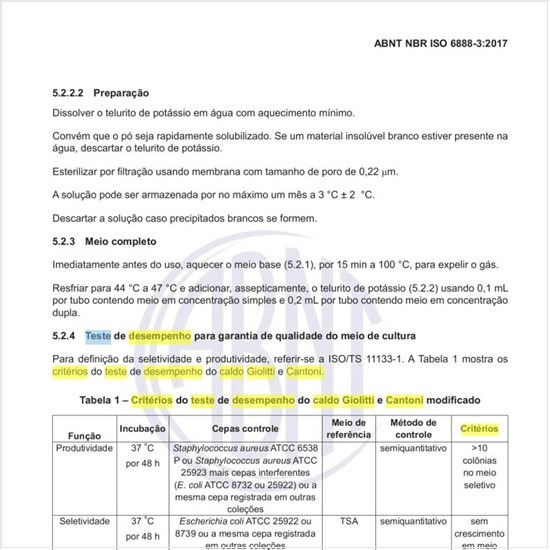 Quais os critérios do teste de desempenho do caldo Giolitti e Cantoni modificado?
