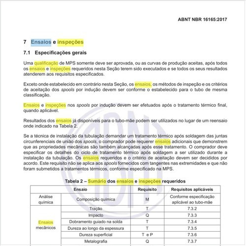 Qual o sumário dos ensaios e inspeções requeridos?
