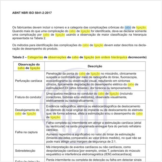 Quais as categorias de observações do cabo de ligação (em ordem hierárquica decrescente)?