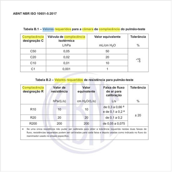 Quais os valores requeridos para a câmara de complacência do pulmão-teste?