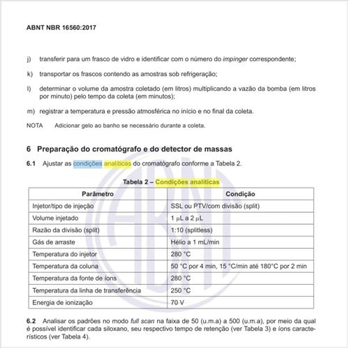 Quais as condições analíticas do cromatógrafo?