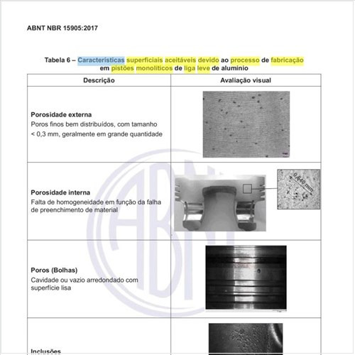 Quais as características superficiais aceitáveis devido ao processo de fabricação em pistões monolíticos de liga leve de alumínio?