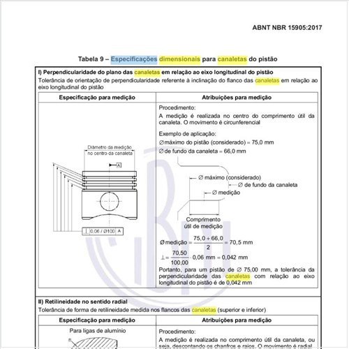 Quais as especificações dimensionais para canaletas do pistão?