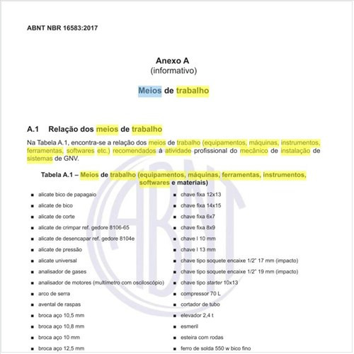 Quais os meios de trabalho (equipamentos, máquinas, instrumentos, ferramentas, softwares etc.) recomendados à atividade do mecânico de instalação de sistemas de GNV?