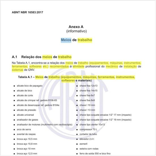 Quais os meios de trabalho (equipamentos, máquinas, instrumentos, ferramentas, softwares etc.) recomendados à atividade do mecânico de instalação de sistemas de GNV?