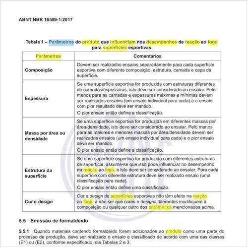 Quais os parâmetros do produto que influenciam nos desempenhos de reação ao fogo para superfícies esportivas?