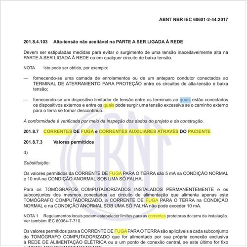 Quais as correntes de fuga e correntes auxiliares através do paciente (valores permitidos)?