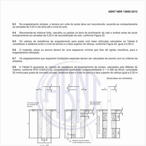 Quanto à resistência mecânica do engastamento dos postes, quais são os valores calculados e tabelados, e os engastamentos requerendo fundações especiais?