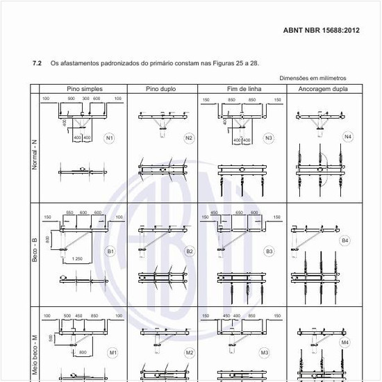 Quais são os afastamentos padronizados para o primário em redes aéreas com condutores nus?