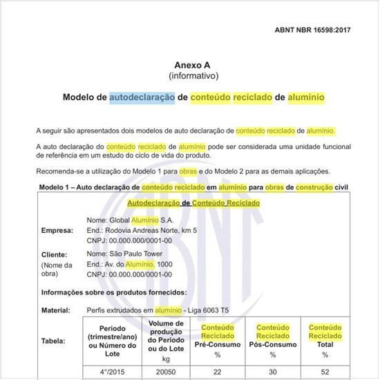 Como deve ser feita a autodeclaração de conteúdo reciclado em alumínio para obras de construção civil?