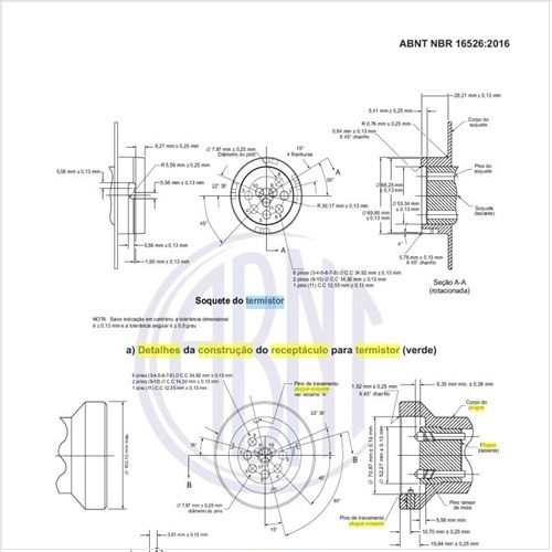 Quais os detalhes da construção do receptáculo e do plugue para termistor (verde)?