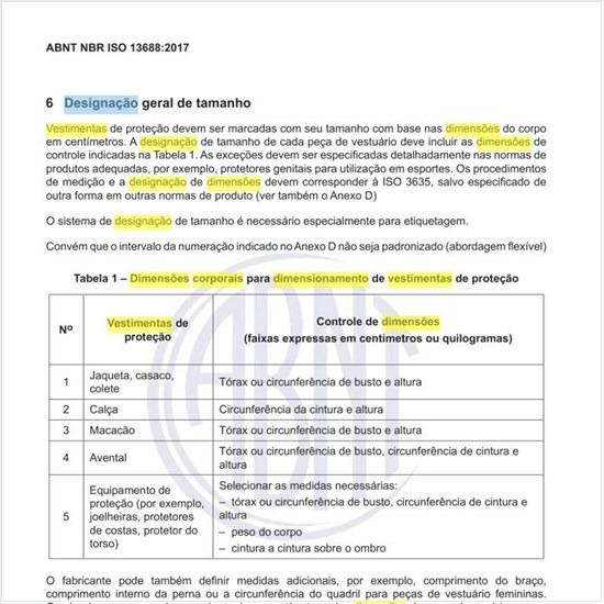 Quais as dimensões corporais para dimensionamento de vestimentas de proteção?