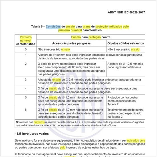 Quais as condições de ensaio para graus de proteção indicados pelo primeiro numeral característico?