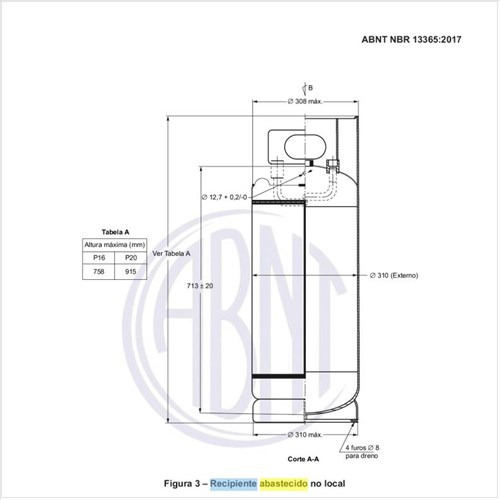 Quais as dimensões do recipiente abastecido no local?