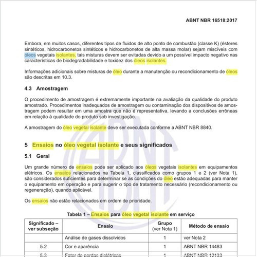 Quais os ensaios para óleo vegetal isolante em serviço?