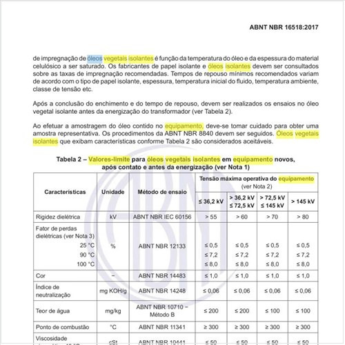Quais os valores-limite para óleos vegetais isolantes em equipamento novos?