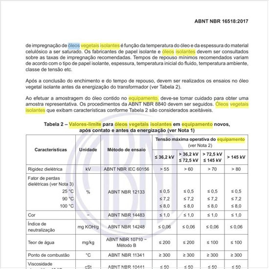 Quais os valores-limite para óleos vegetais isolantes em equipamento novos?