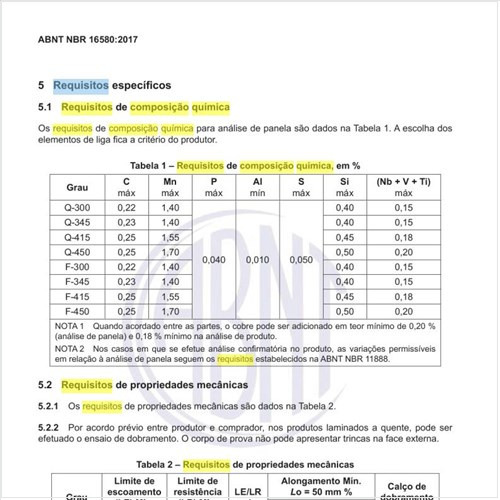Quais os requisitos de composição química, em %?