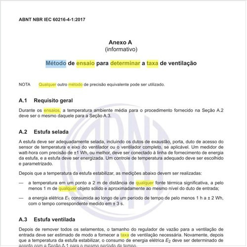 Qual o método de ensaio para determinar a taxa de ventilação?