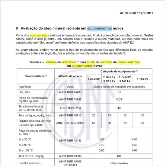 Quais os valores de referência para início de controle de óleos isolantes em equipamentos novos?