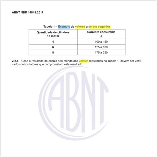 Qual o exemplo de valores a serem seguidos para os motores de partida?