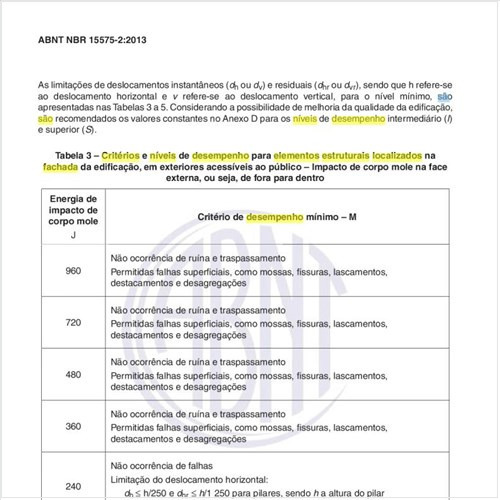 Quais são os critérios e níveis de desempenho para elementos estruturais localizados na fachada da edificação?