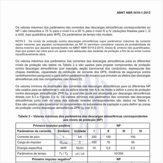 Quais são os valores máximos dos parâmetros das descargas atmosféricas correspondentes aos níveis de proteção (NP)?