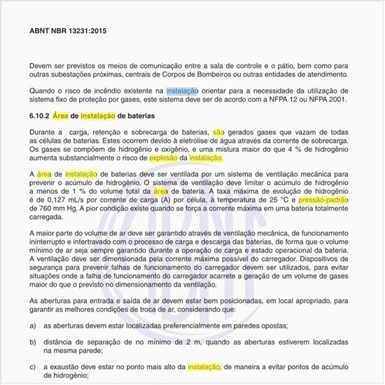 Quais são os parâmetros para a área de instalação de baterias?
